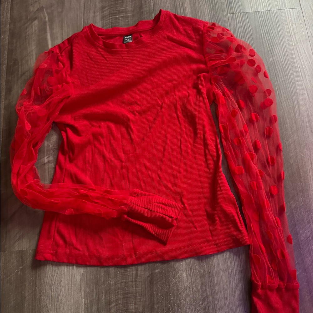 Red Sheer Sleeve Women's Top